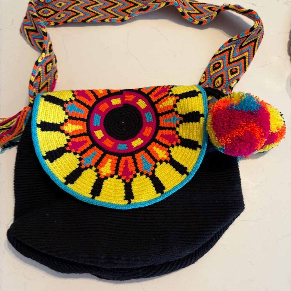 Colorful Handwoven Crossbody Bag with Pom Pom - Yellow & Black